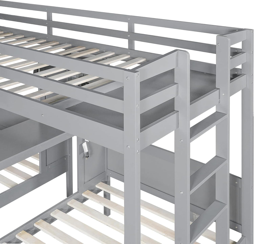 VilroCaz Twin Over Twin & Twin Bunk Bed with Built-in Desk and Storage Shelves, 3 Beds in 1 Design Solid Wood Triple Bunk Bed with Reading Lamp and Guardrails for Kids Teens Aldults (Gray-2.14)