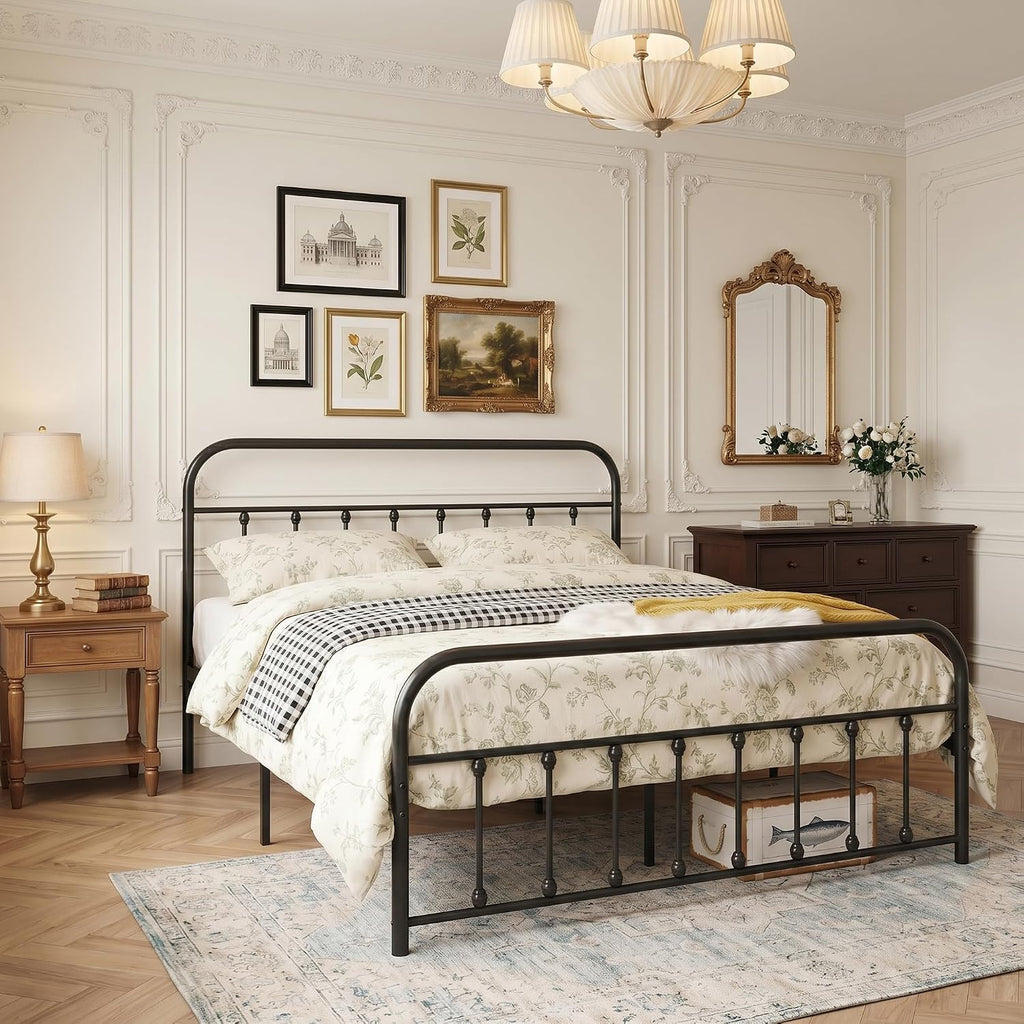 VECELO Full Size Victorian Style Metal Bed Frame with Headboard Classic Metal Platform Bed Frame Mattress Foundation with Footboard/Under Bed Storage/No Box Spring Black