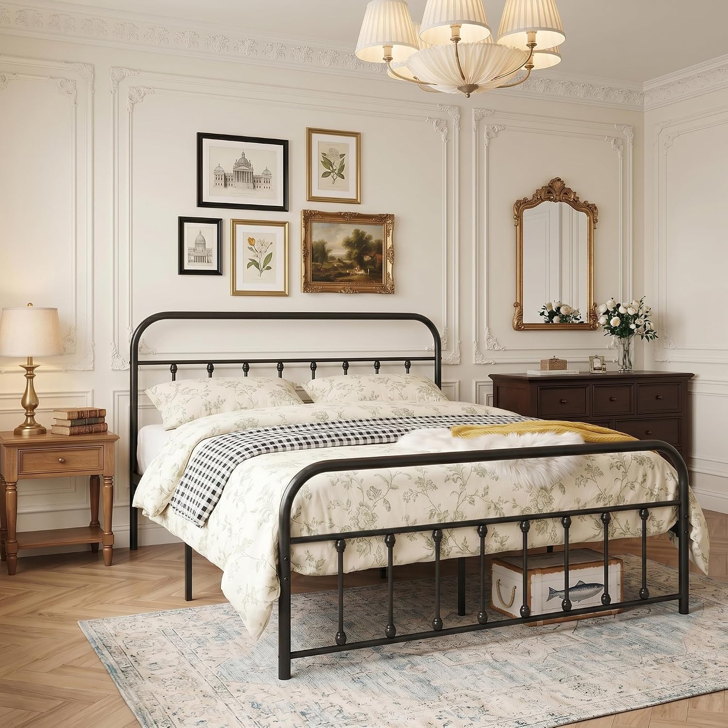 VECELO Full Size Victorian Style Metal Bed Frame with Headboard Classic Metal Platform Bed Frame Mattress Foundation with Footboard/Under Bed Storage/No Box Spring Black