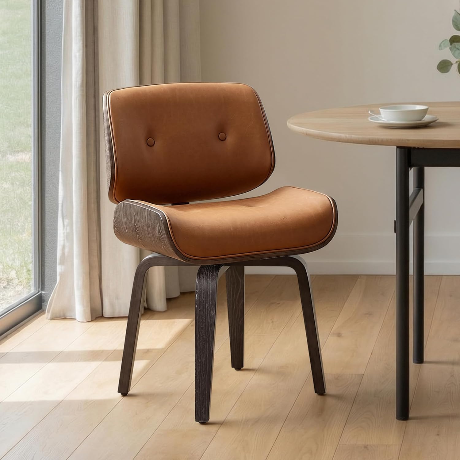 Zouron Swivel Dining Chair, Mid Century Modern Swivel Chair No Wheels, PU Leather Accent Chair with Black Oak Bentwood, Upholstered Kitchen Dining Room Chairs, Thickened Cushion, Button Brown