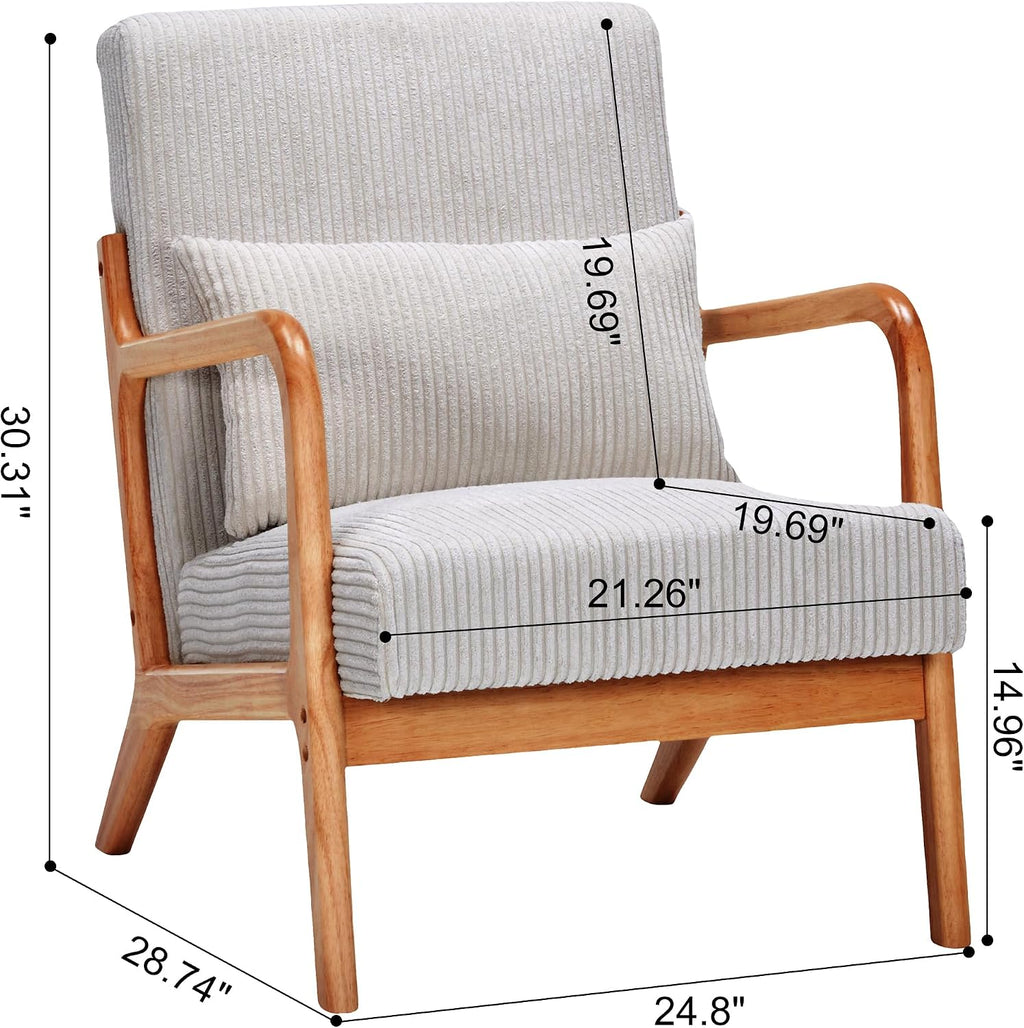 QQU Corduroy Accent Chairs with Waist Cushions, Mid-Century Modern Living Room Chairs, Sturdy Wood Frame Armchairs, Upholstered Accent Chairs for Living Room, Bedroom, Apartments, Beige