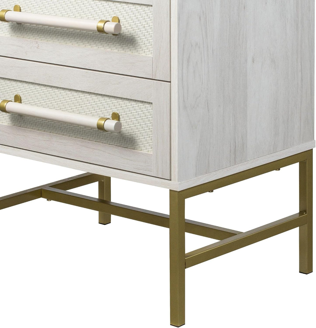 Sophia 2-Drawer Nightstand in Sand Finish with Rattan Fronts, Elegant Gold-Tone Bar Pulls, and Slim Metallic Legs- Ideal Bedroom Furniture for Boho, Transitional, and Modern Interiors