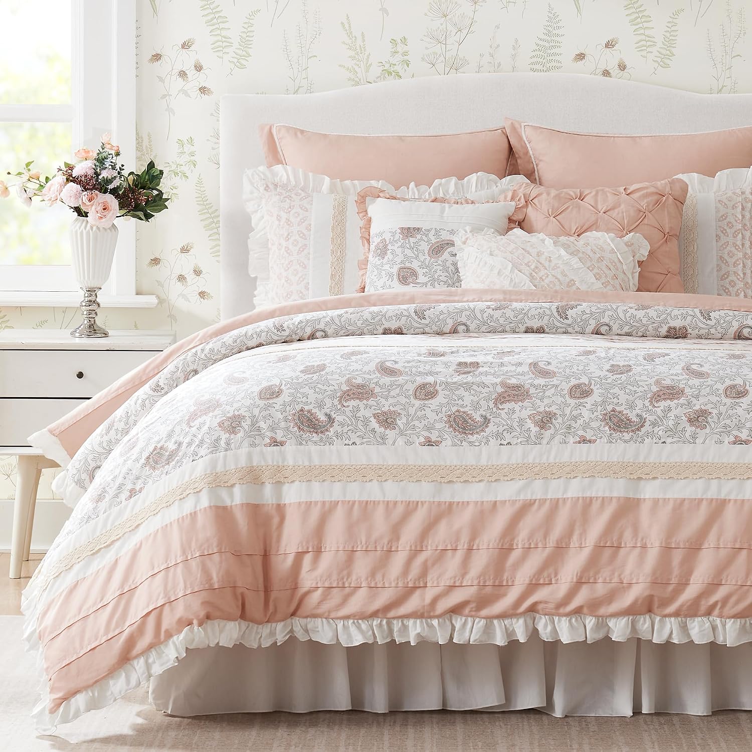 Madison Park Dawn 100% Cotton Shabby Chic Comforter Set-Modern Cottage Design All Season Down Alternative Bedding, Matching Shams, Bedskirt, Decorative Pillows, King(104'x92'), Blush 9 Piece