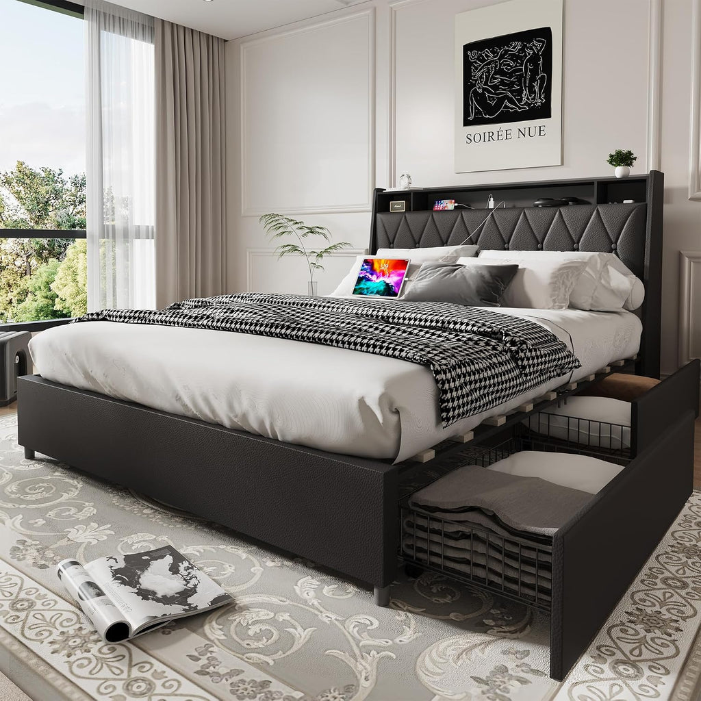 Black Full Bed Frame with Headboard, Metal Platform Bed Full Size with 2-Tier Bookshelf Storage, and 4 Storage Drawers & Charging Station Type C, Leather Fabric No Box Spring Needed (Black, Full)