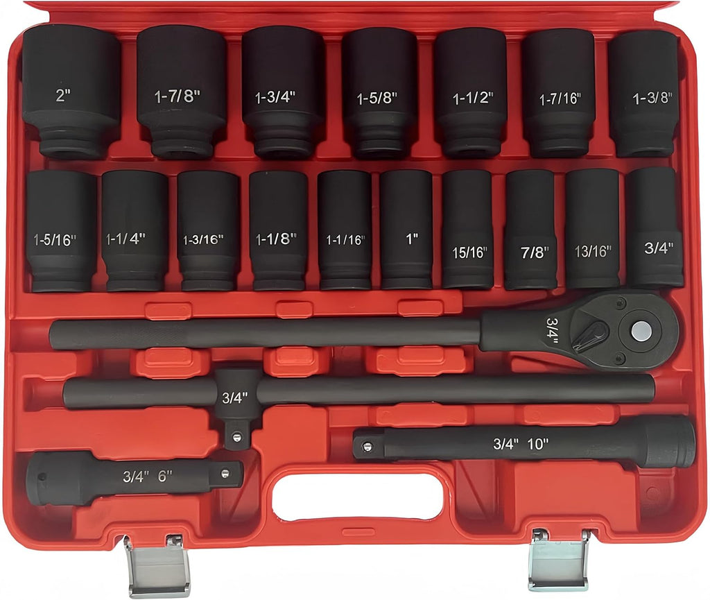 TONYNOL 3/4 Inch Drive Impact Socket Set,6 Point,SAE Sizes(3/4' to 2'),21Pcs,Cr-Mo Steel,Includes Adapters and Quick Release Ratchet Wrench,With a Storage Case.