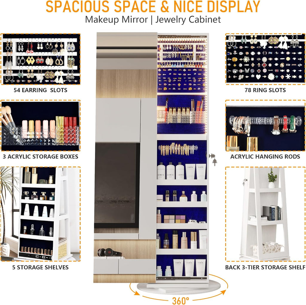 LVSOMT 360° Swivel Jewelry Mirror Cabinet with Lights, Standing Jewelry Armoire Organizer, 63' Rotatable Full-Length Mirror with Jewelry Storage, Lockable with Back Storage Shelve, White