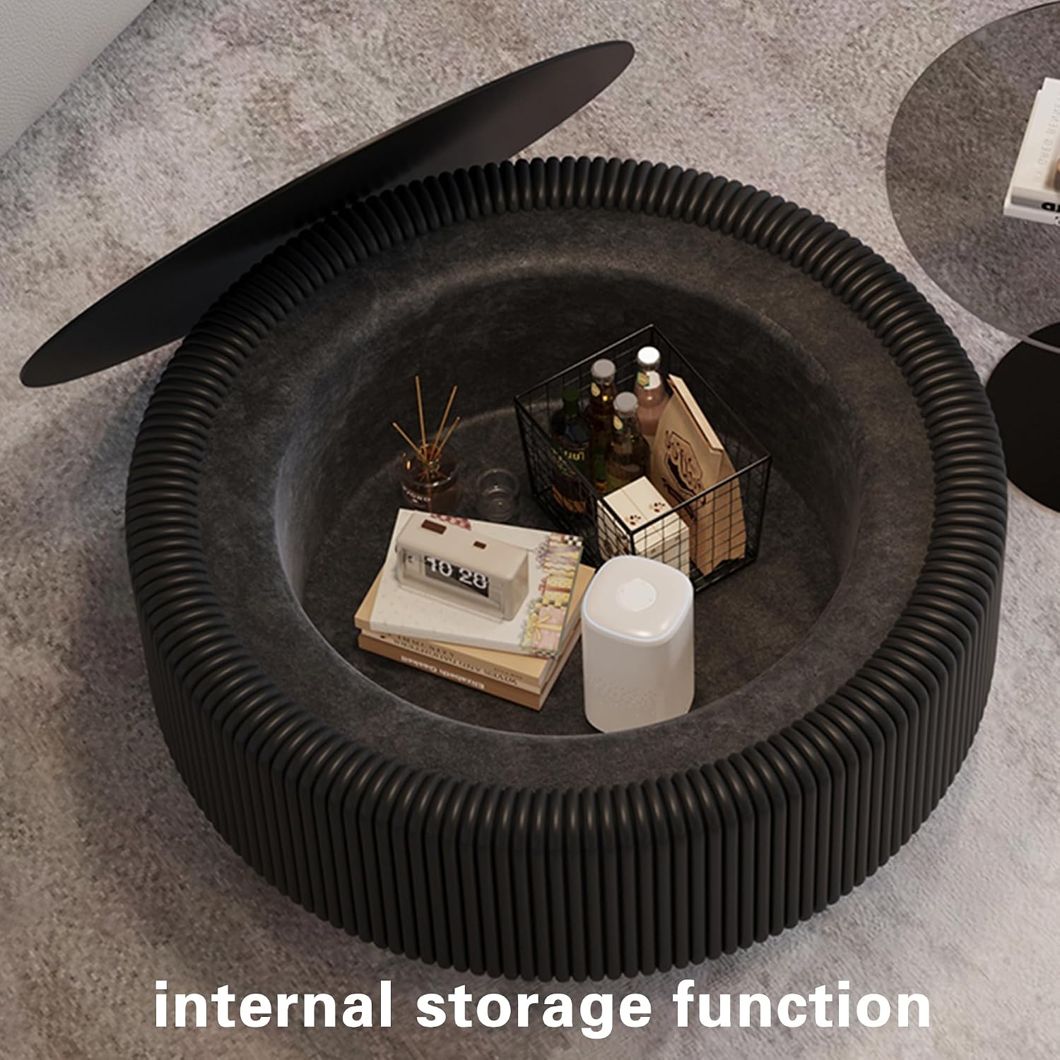 31.5' Black Round Fluted Coffee Table with Hidden Storage, Drum Coffee Table with Tempered Glass Top, PU Leather Body, Baked Enamel Metal Base, Modern Minimalist Circle Tea Table