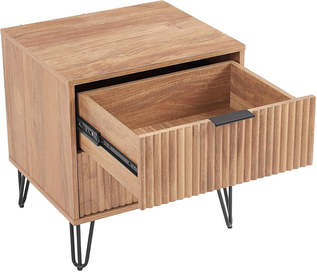 Manhattan Comfort Dumbo Modern Nightstand 2.0 with 2 Metal Feet | Stylish Splayed Gold Legs | Vertical Ribbed Drawer | Perfect for Bedroom, Set of 2, Golden Brown