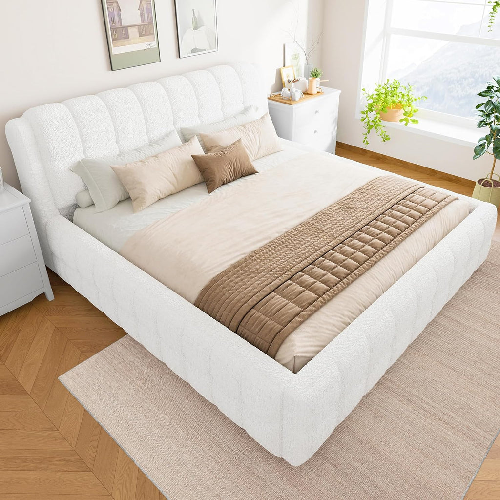 King Size Upholstered Platform Bed, Berber Fleece Bed Frame with Foam Headboard, Wood Slat Support for King Mattress, Modern Boucle Platform Bed for Master Bedroom, No Box Spring Needed, White