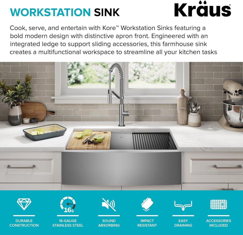 KRAUS Kore 36-Inch Farmhouse Workstation 16 Gauge Single Bowl Stainless Steel Kitchen Sink with Accessories, KWF210-36