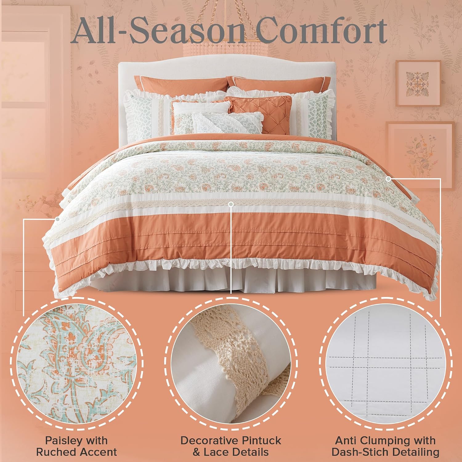 Madison Park Dawn 100% Cotton Shabby Chic Comforter Set-Modern Cottage Design All Season Down Alternative Bedding, Matching Shams, Bedskirt, Decorative Pillows, King(104'x92'), Coral 9 Piece