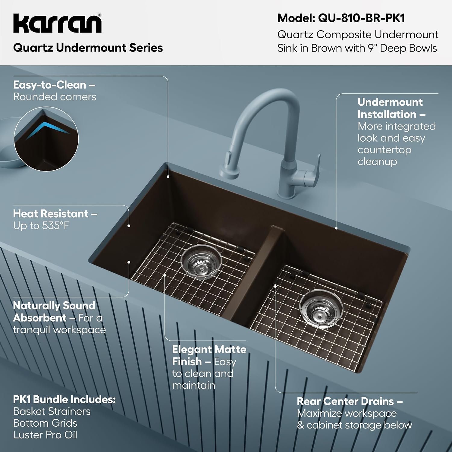 Karran QU-810 32' Undermount Double Equal Bowl Quartz Kitchen Sink Kit in Brown