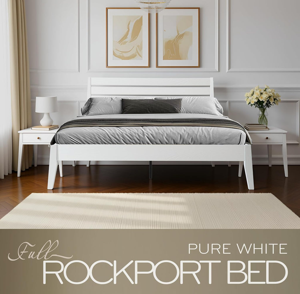 Full Size Solid Wood Platform Bed Frame with Headboard and Footboard, 12 Sturdy Slats, Center Metal Legs, Easy Assembly, No Box Spring Needed, Anti-Noise & Slip-Free Design, Pure White Finish. RKF-39
