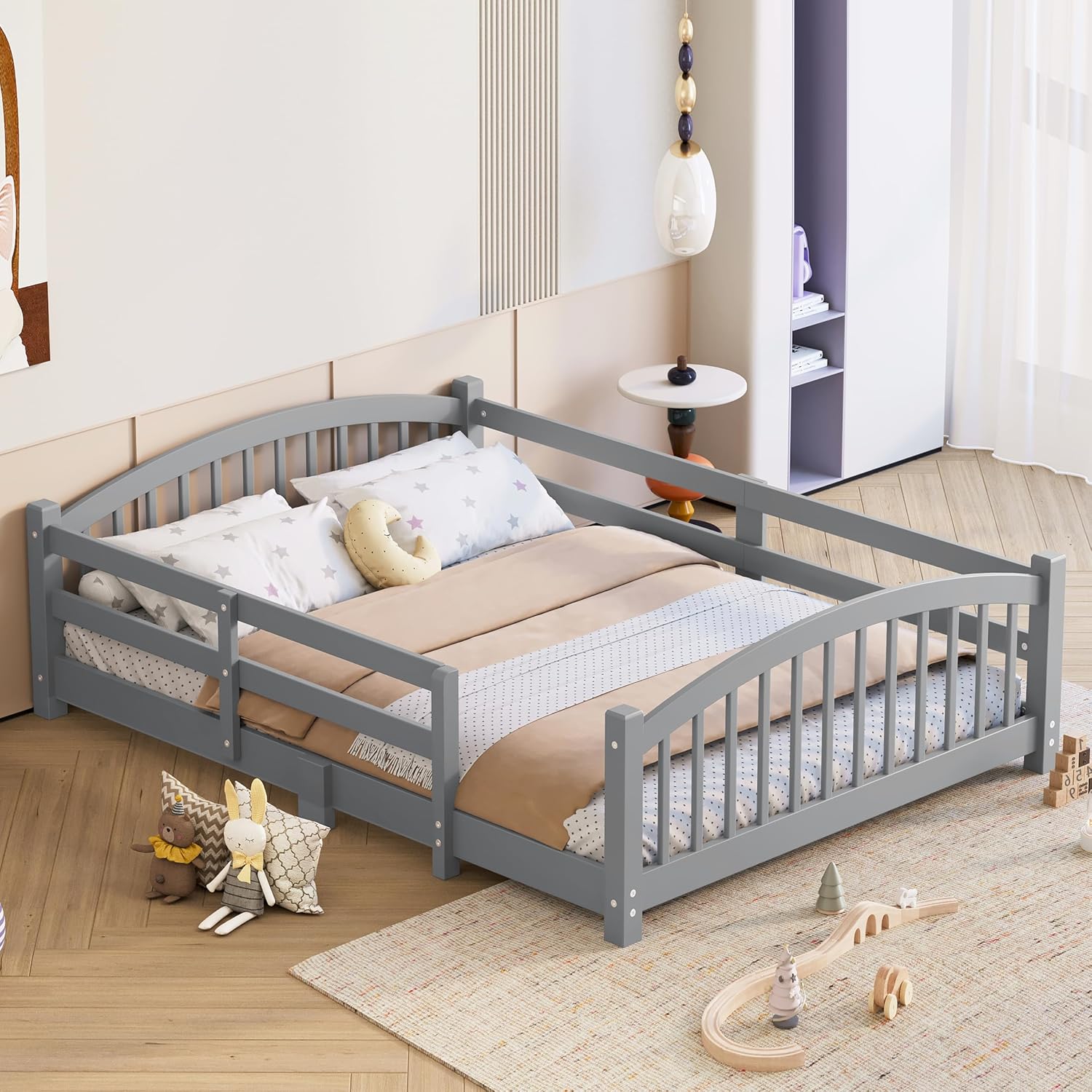 Bellemave Full Size Kids Montessori Floor Bed,Full Size Floor Bed Frame with Slats and Safety Guardrail,Solid Wood Montessori Bed for Girls Boys,Gray