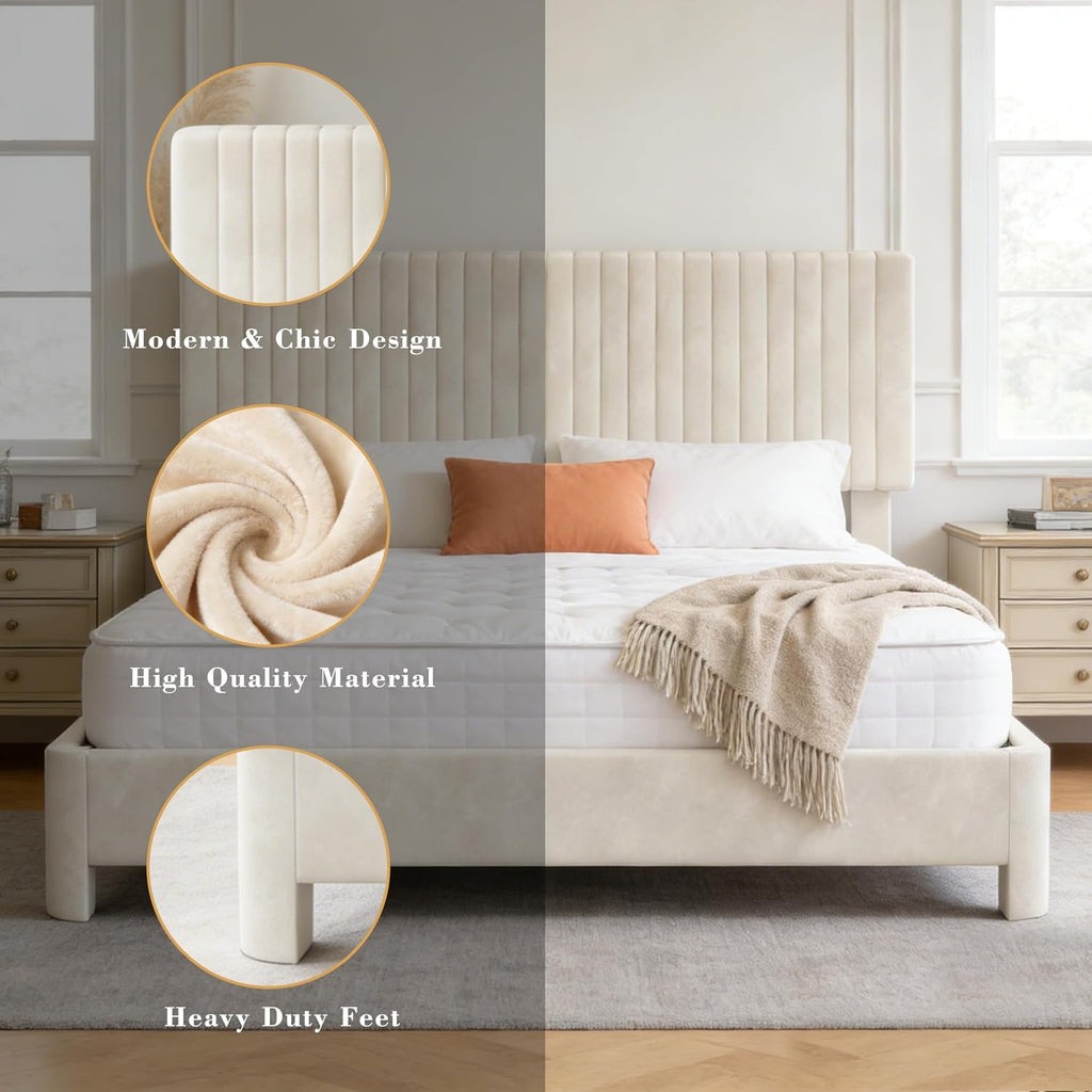 Vipbear Queen Upholstered Platform Bed Frame, Luxury Velvet Fabric with Headboard, Quiet & Sturdy Slat Support, Under-Bed Storage Space, Easy Setup, White