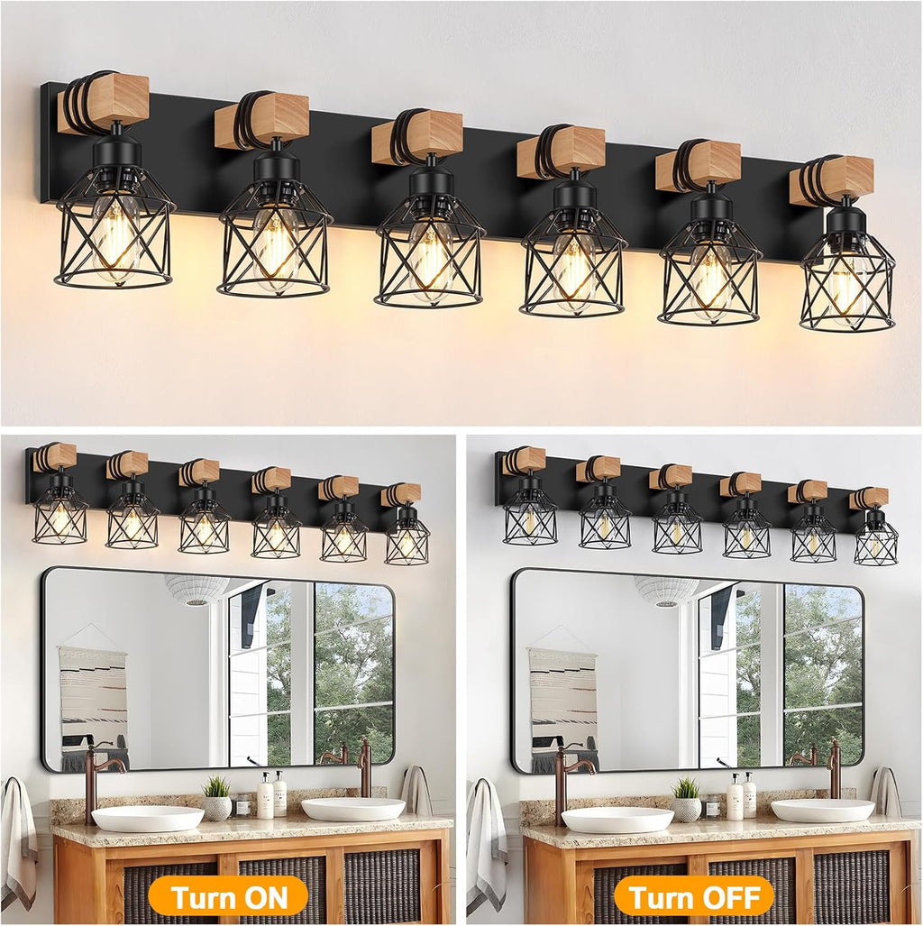 FadimiKoo 6-Light Farmhouse Bathroom Lighting Fixtures, Wood Black Vanity Lights Over Mirror, Rustic Wall Sconces Lighting with Metal Lampshade, Vintage Wall Lights for Bedroom, Living Room, Hallway
