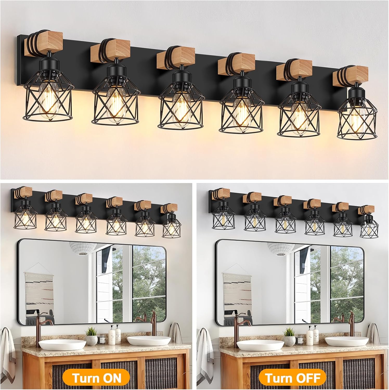 FadimiKoo 6-Light Farmhouse Bathroom Lighting Fixtures, Wood Black Vanity Lights Over Mirror, Rustic Wall Sconces Lighting with Metal Lampshade, Vintage Wall Lights for Bedroom, Living Room, Hallway