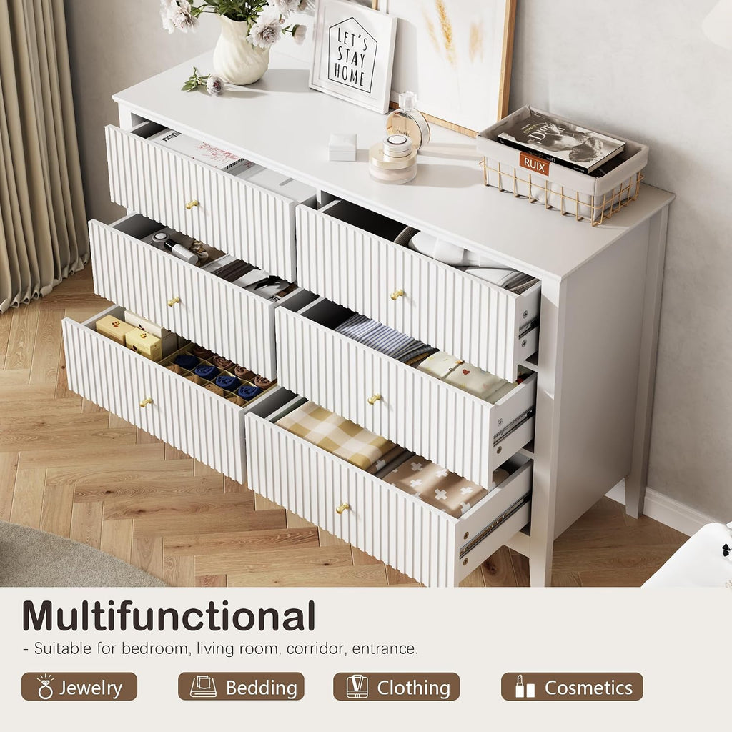 White Dresser for Bedroom, 6 Drawers Fluted Chest of Drawers with Storage, Modern 47'' Wide Dresser with Paint Design, Wood Drawer Organizer Dressers for Entryway, Hallway