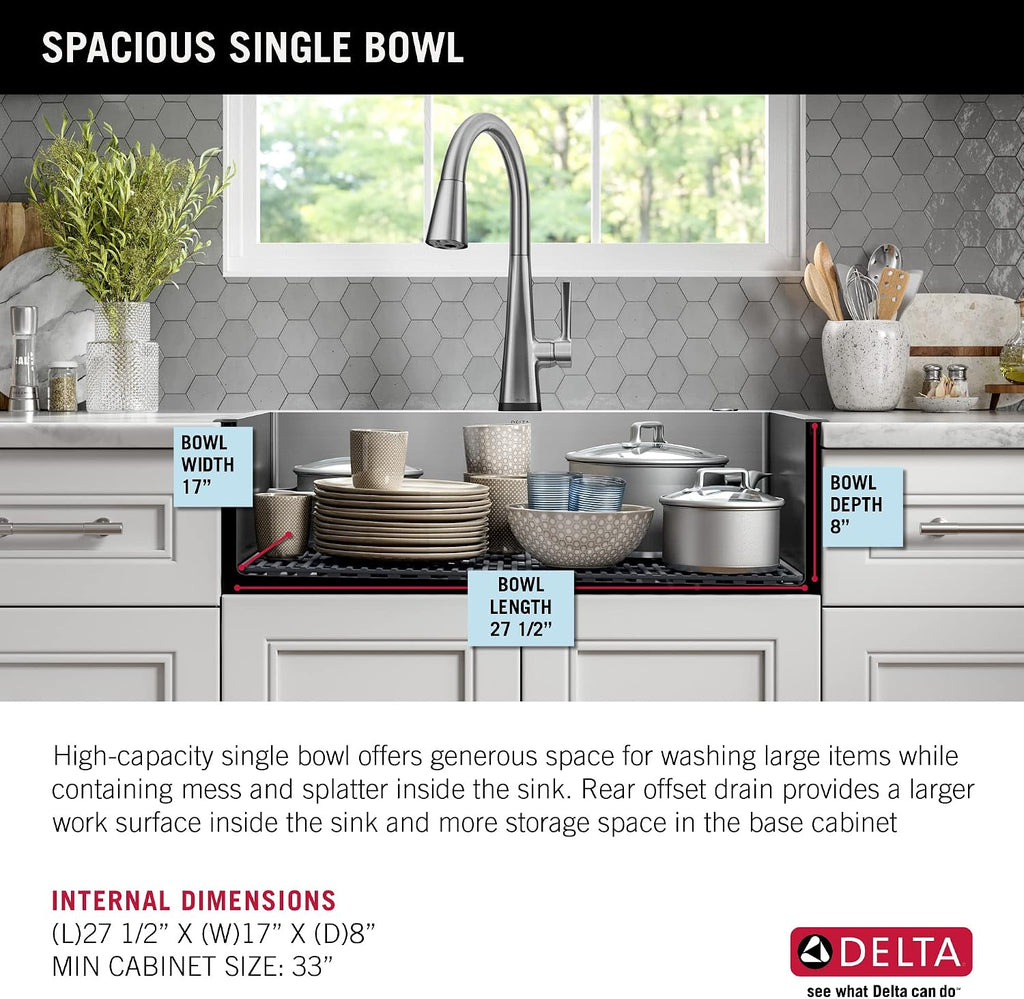 DELTA FAUCET Delta Lenta 30-inch Retrofit Farmhouse Apron Front 16 Gauge Stainless Steel Single Bowl Kitchen Sink for Undermount/Drop-In Installation with Accessories, 95J132-T30S-SS