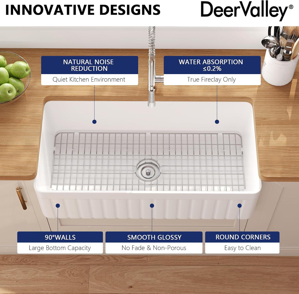 DeerValley Solstice Fireclay Farmhouse Sinks, 35.6'L x 18'W Farmhouse Kitchen Sink White Large Single Bowl Farm Sink Reversible Apron Front with Sink Grid and Basket Strainer