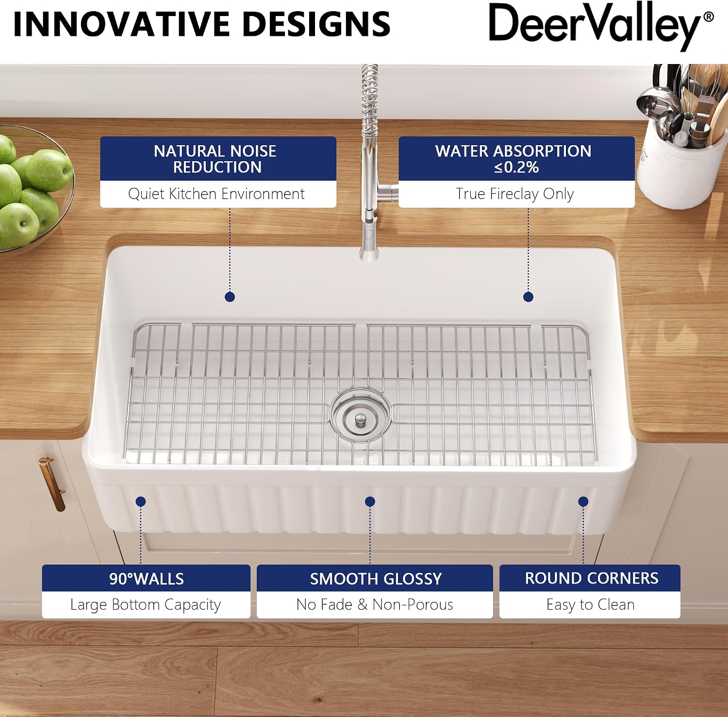 DeerValley Solstice Fireclay Farmhouse Sinks, 35.6'L x 18'W Farmhouse Kitchen Sink White Large Single Bowl Farm Sink Reversible Apron Front with Sink Grid and Basket Strainer
