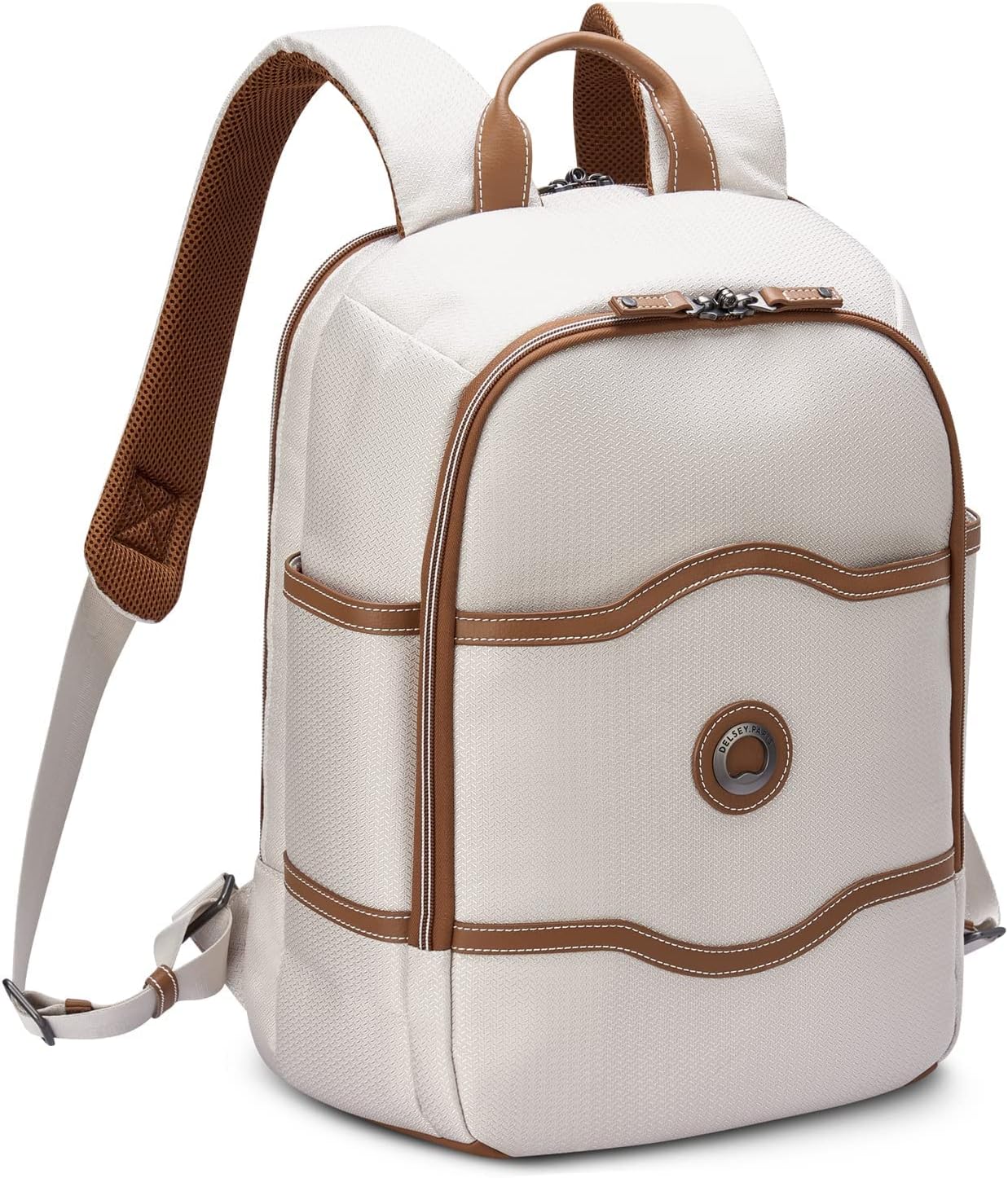 DELSEY PARIS Chatelet Air 2.0 - Travel Laptop Backpack - Fits 14' Laptop - Water-Repellent Recycled Fabric Backpack - Vegan Leather Trim - Smart Trolley Band, Angora