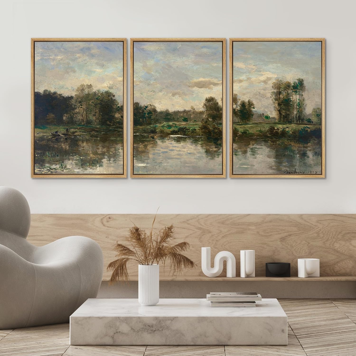 SIGNWIN Framed Canvas Print Wall Art Set Peaceful River Landscape Serene Waters and Lush Forest Illustrations Modern Scenic Colorful Ultra for Living Room, Bedroom, Office - 24'x36'x3 Natural