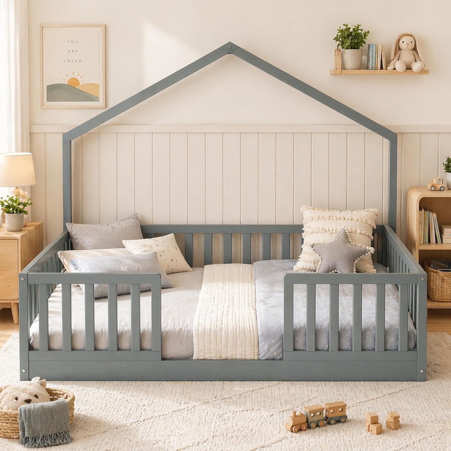 Full Size Floor Bed with High Rails, Wooden Montessori Floor Bed Full with Light & Wood Slats, Low Profile Montessori Beds for Kids, Boys & Girls, Gray