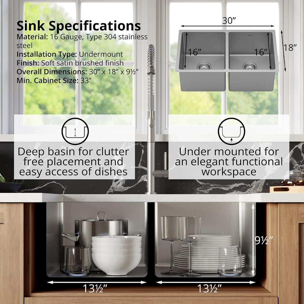 Karran 30' Undermount Double Bowl Kitchen Sink, 16-Gauge T304 Stainless Steel, 50/50 Equal Bowl, Brushed Satin Finish, Noise & Scratch Resistant with Grids and Strainers