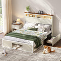 FUNKOCO Wood Full Bed Frame with Nightstand Set of 2，Farmhouse Bed Frame with Cat & Dog Bed, Storage Headboard and 2 Drawers, LED Lights & Charging Station, Noise Free, No Box Spring Needed