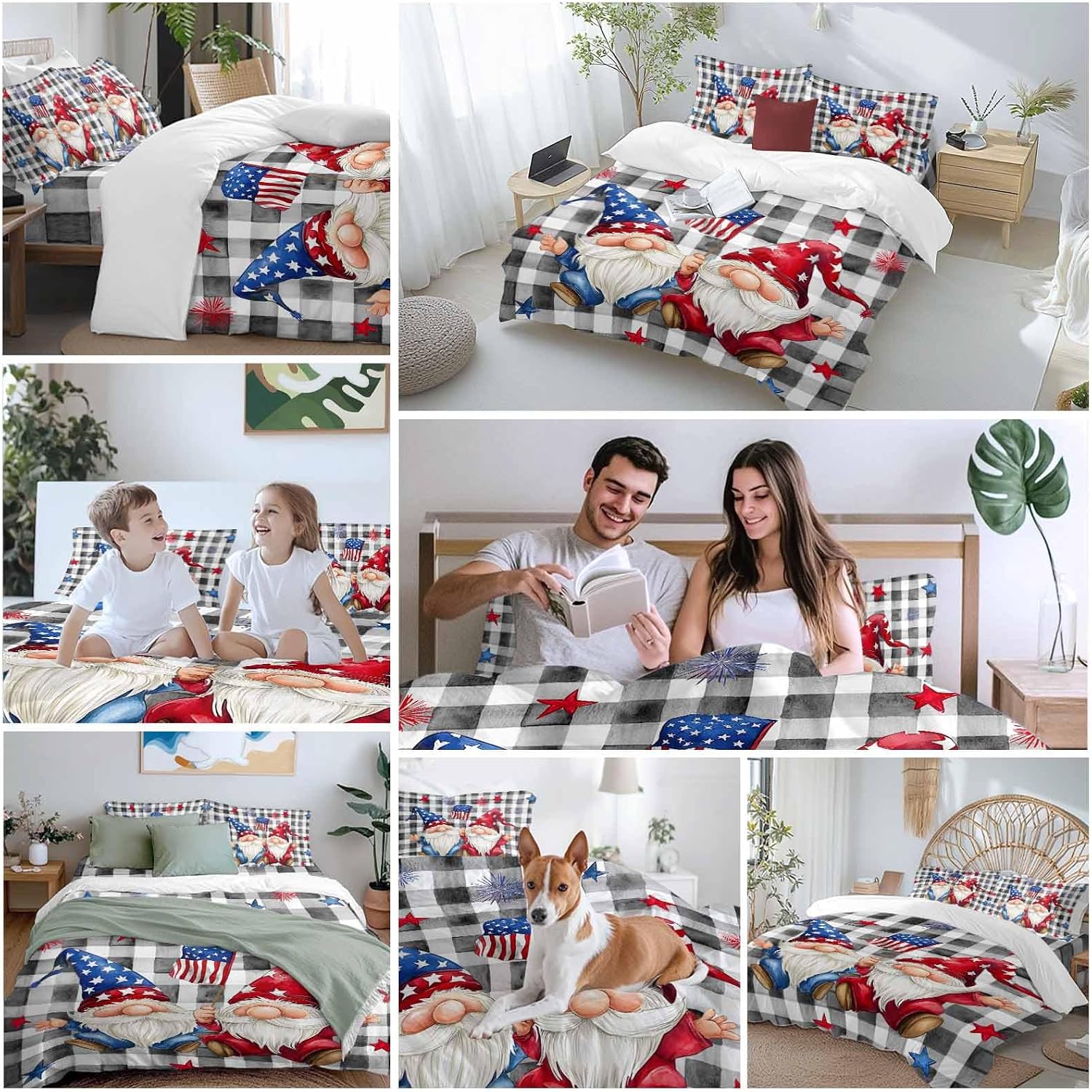 Prime Leader Independence Day Duvet Cover Set Queen Size 4 Pieces Patriotic Gnomes USA Flag Black Plaid Bedding Set with Zipper Closure, 1 Comforter Cover 92x106 Inches 1 Flat Sheet & 2 Pillow Cases