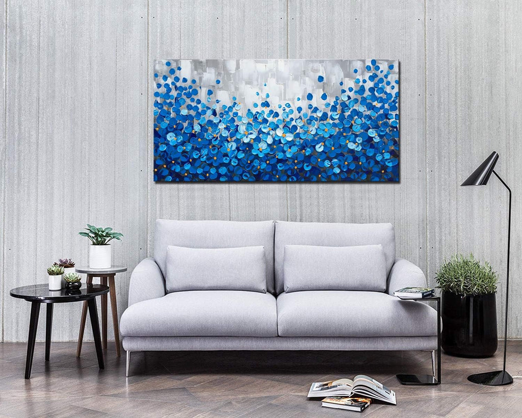 MyArton Large Textured Blue Flowers Canvas Wall Art Hand Painted Modern Decoration Oil Painting Picture Framed Ready to Hang 60x30inch