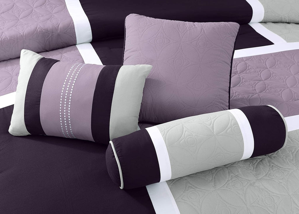 Chezmoi Collection Upland 7-Piece Quilted Patchwork Comforter Set, Lavender/Gray/Purple, Oversized King