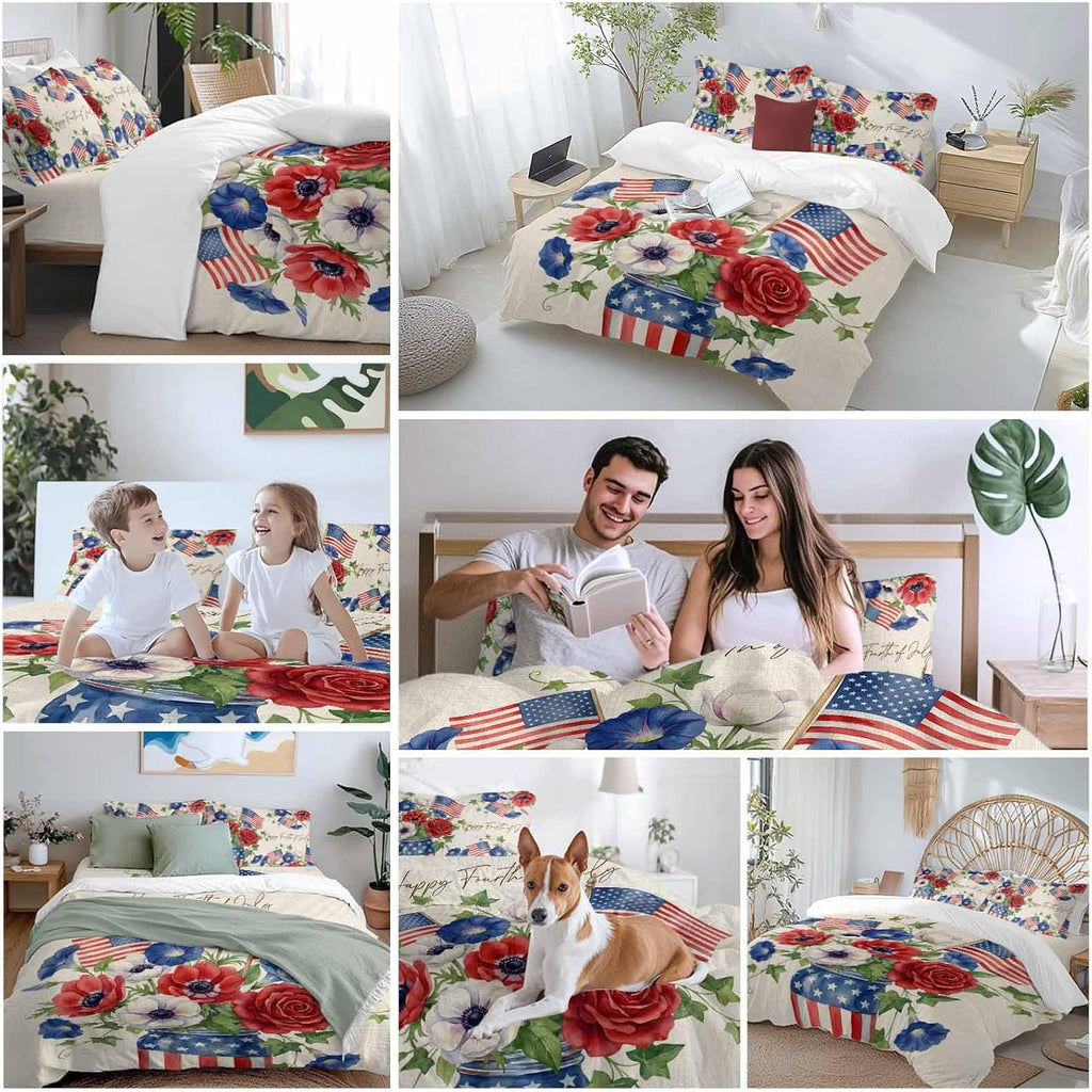 Happy Independence Day Duvet Cover Set Queen Size 4 Pieces U. S. Flag Flowers White Five-Pointed Stars Bedding Set with Zipper Closure, 1 Comforter Cover 92x106 Inches 1 Flat Sheet & 2 Pillow Cases