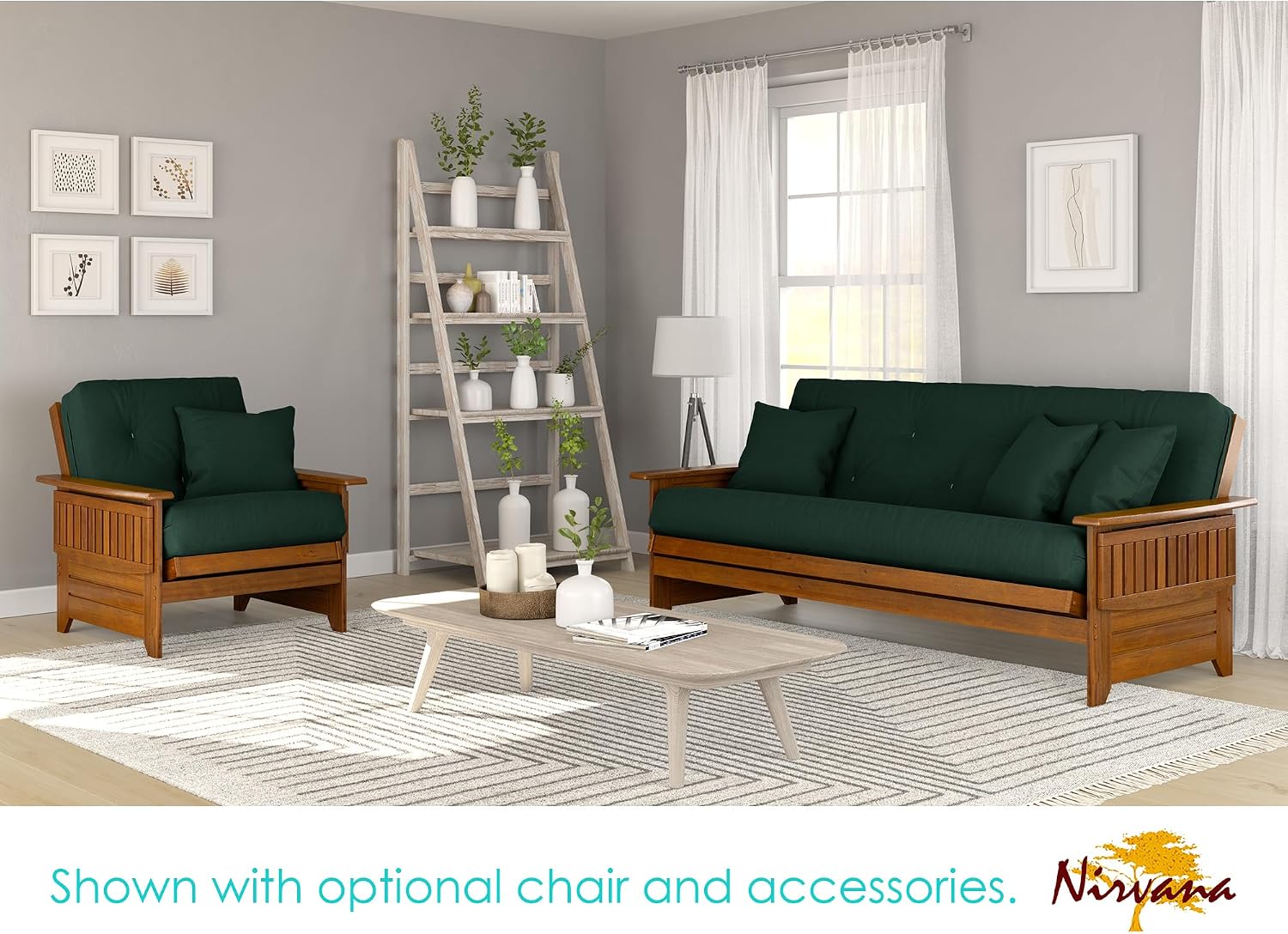 Nirvana Futons Brentwood Tray Arm Futon Frame, Drawers, and Hunter Green Mattress Set - Queen, Rich Heritage Finish