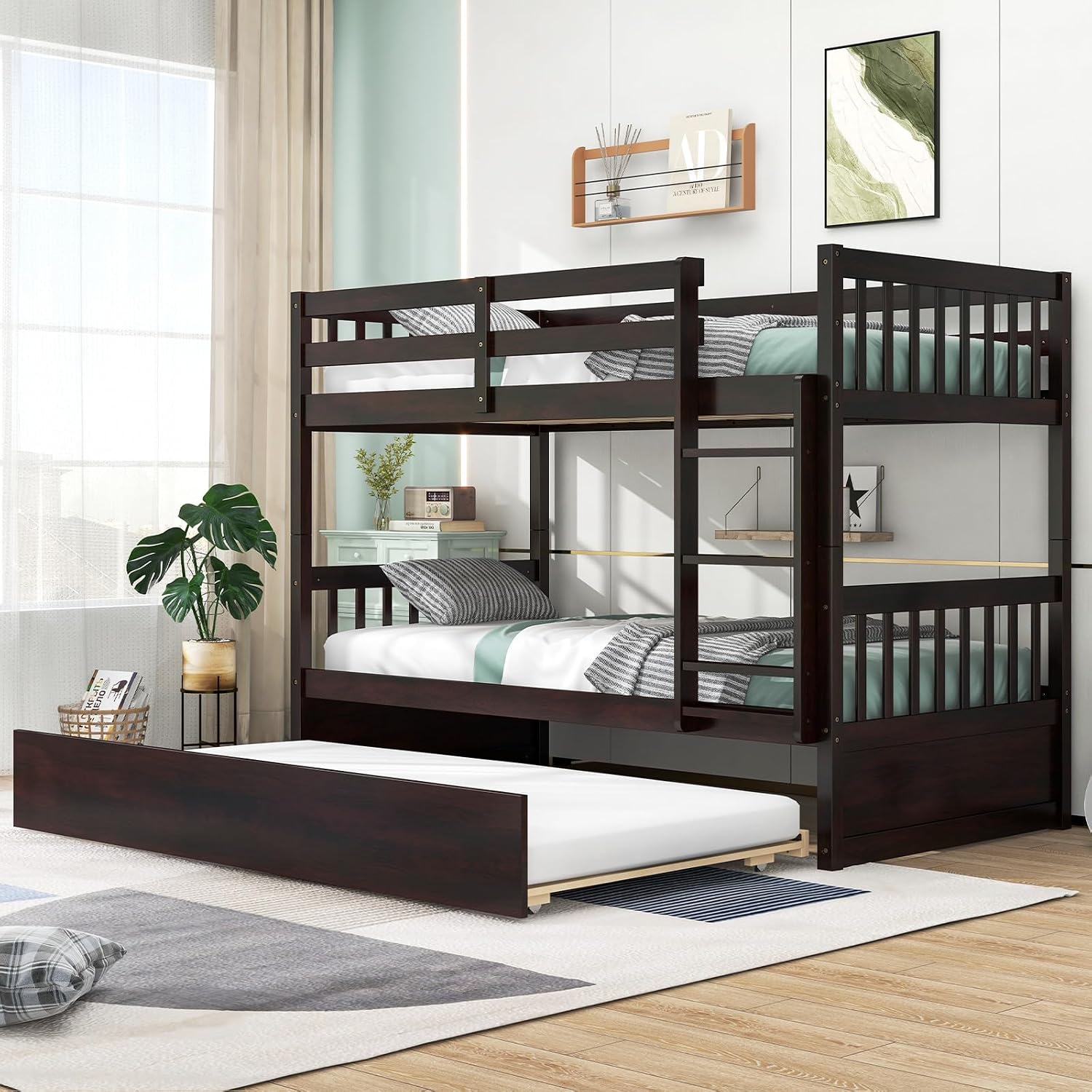 MAT EXPERT Twin Over Twin Bunk Bed with Trundle, Solid Wood Bunk Bed Frame w/Ladder, Slats & Rail, Convertible Twin Size Platform Bed for Kids, Space-Saving Bunk Beds for Bedroom Dorm (Espresso)