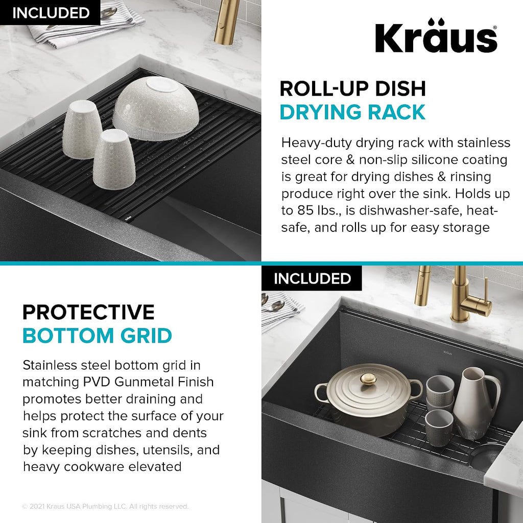 KRAUS Kore Workstation 27-inch Farmhouse Apron Front 16 Gauge Black Stainless Steel Single Bowl Kitchen Sink in PVD Gunmetal Finish with Accessories, KWF210-27-PGM