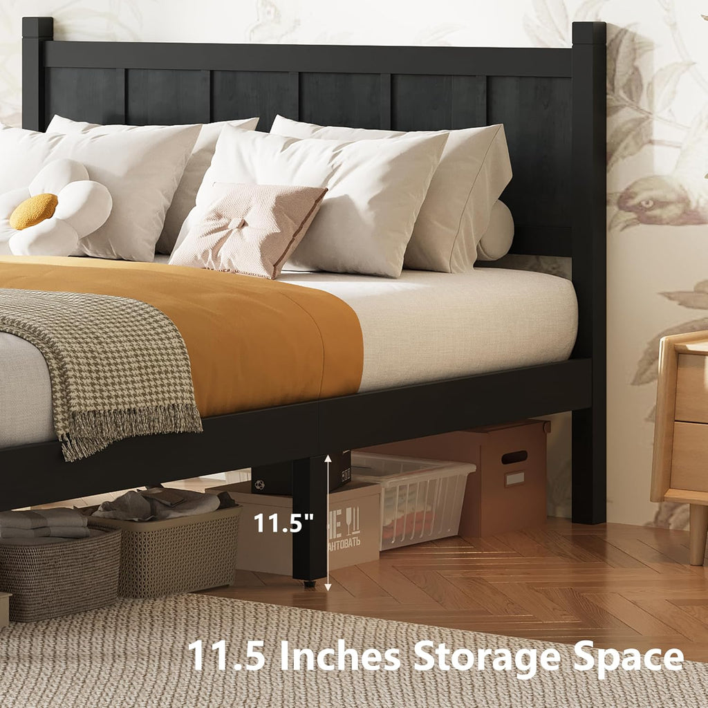 Full Size Flat Panel Bed with Headboard & Footboard, Minimalist Modern Platform Bed with Wood Grain Finish, Shaker & Farmhouse, 11.5' Under-Bed Storage, Sleek & Functional (Black3, Full)
