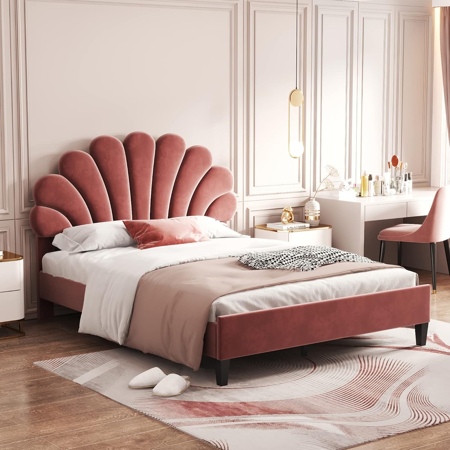 Full Size Velvet Upholstered Platform Bed with Flower Pattern Headboard,Bedroom Wood Bed Frame W/Wooden Slats Support,No Box Spring Needed,for Guest Room,Apartment,Bean Paste Red