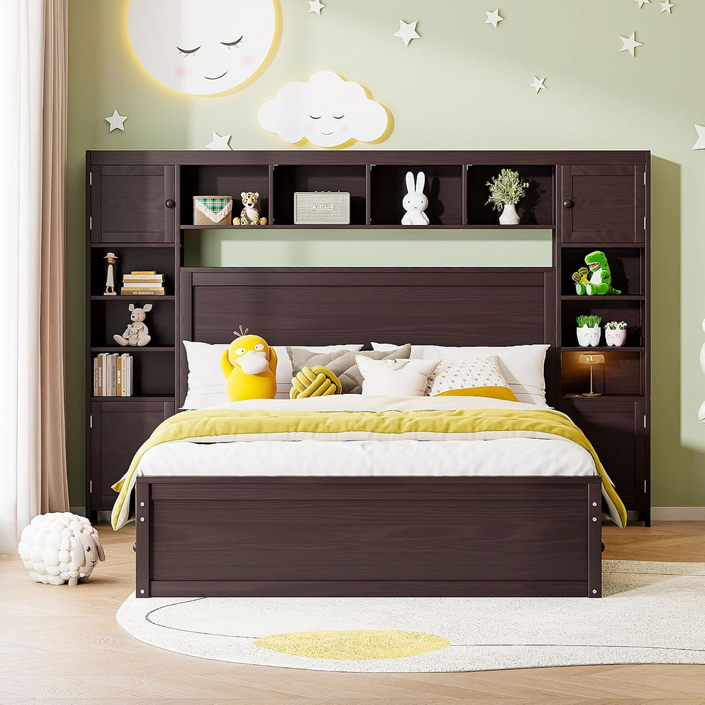 Merax Queen Size Wooden Bed with All-in-One Cabinet, Espresso Platform Bed Frame with 4 Drawers, Shelf and Sockets