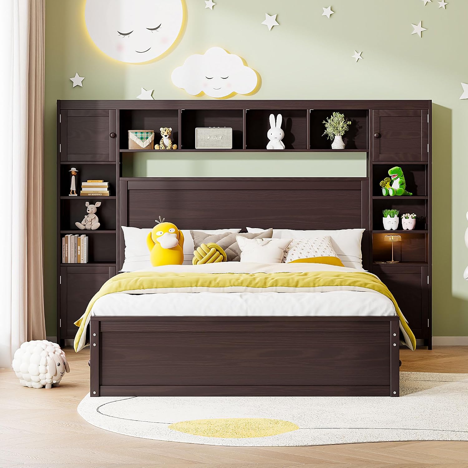 Merax Queen Size Wooden Bed with All-in-One Cabinet, Espresso Platform Bed Frame with 4 Drawers, Shelf and Sockets