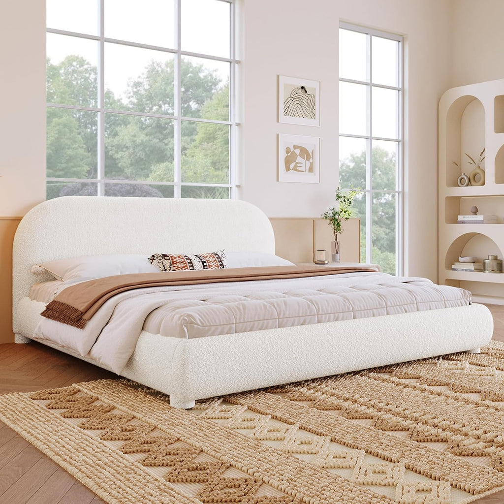 Curve-Shaped Upholstered Platform Bed with Curved Shaped Headboard, Queen Size Wood Bed Frame for Kids Adults Bedroom Furniture, Velvet Thick Fabric Upholstered Bed Grounded Bed (Cream, Queen)