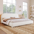 Curve-Shaped Upholstered Platform Bed with Curved Shaped Headboard, Queen Size Wood Bed Frame for Kids Adults Bedroom Furniture, Velvet Thick Fabric Upholstered Bed Grounded Bed (Cream, Queen)