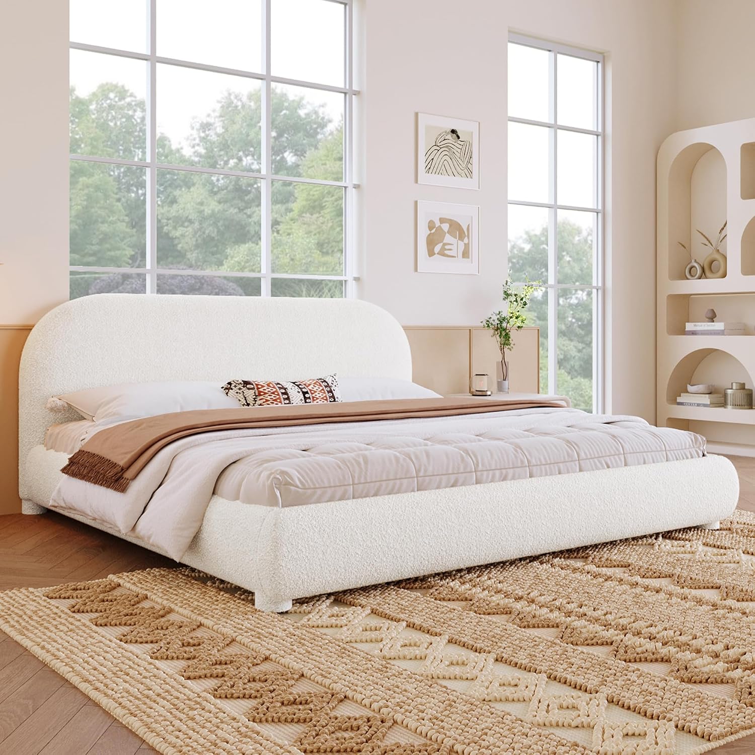 Curve-Shaped Upholstered Platform Bed with Curved Shaped Headboard, Queen Size Wood Bed Frame for Kids Adults Bedroom Furniture, Velvet Thick Fabric Upholstered Bed Grounded Bed (Cream, Queen)