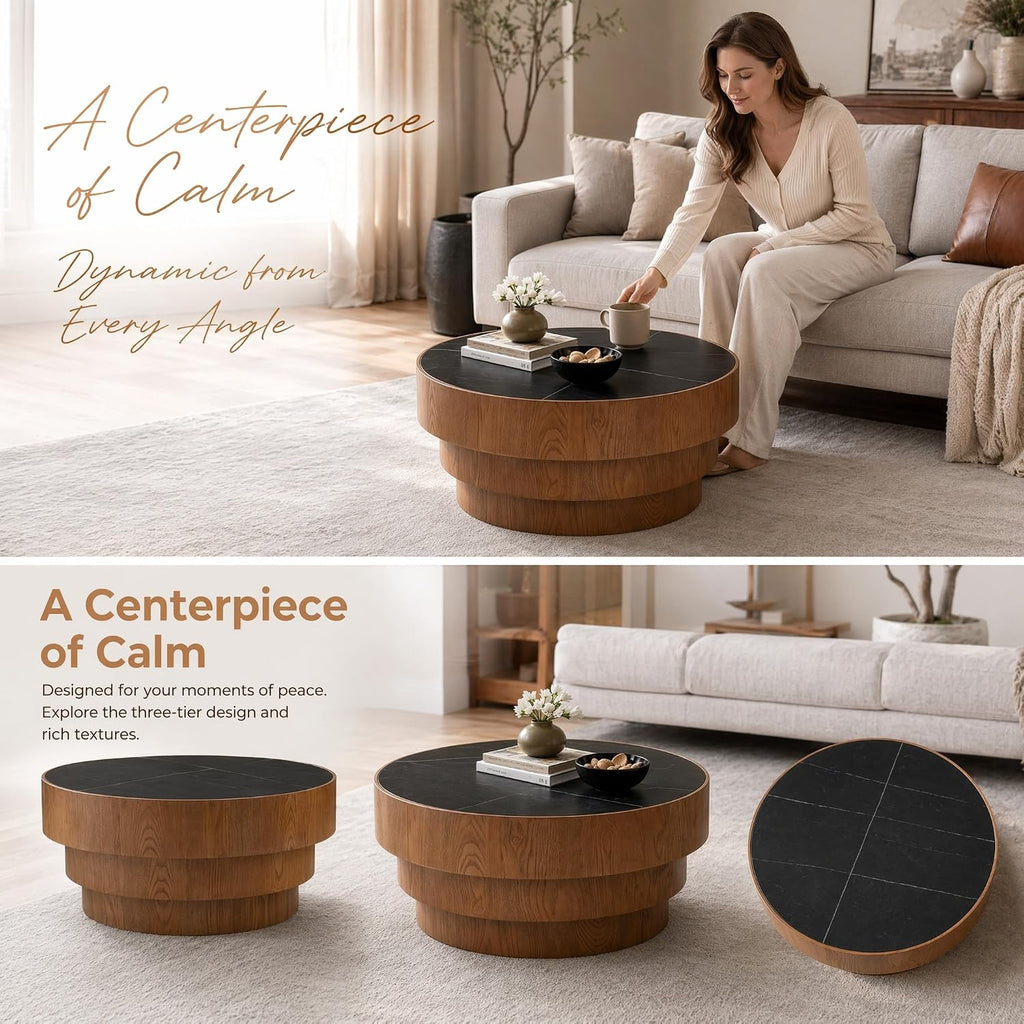 31.5' Black Round Coffee Table, Round Coffee Table with Sintered Stone Tabletop and MDF with Wood Veneer Tiered Base, Modern Low Profile Circle Cocktail Tea Table for Living Room