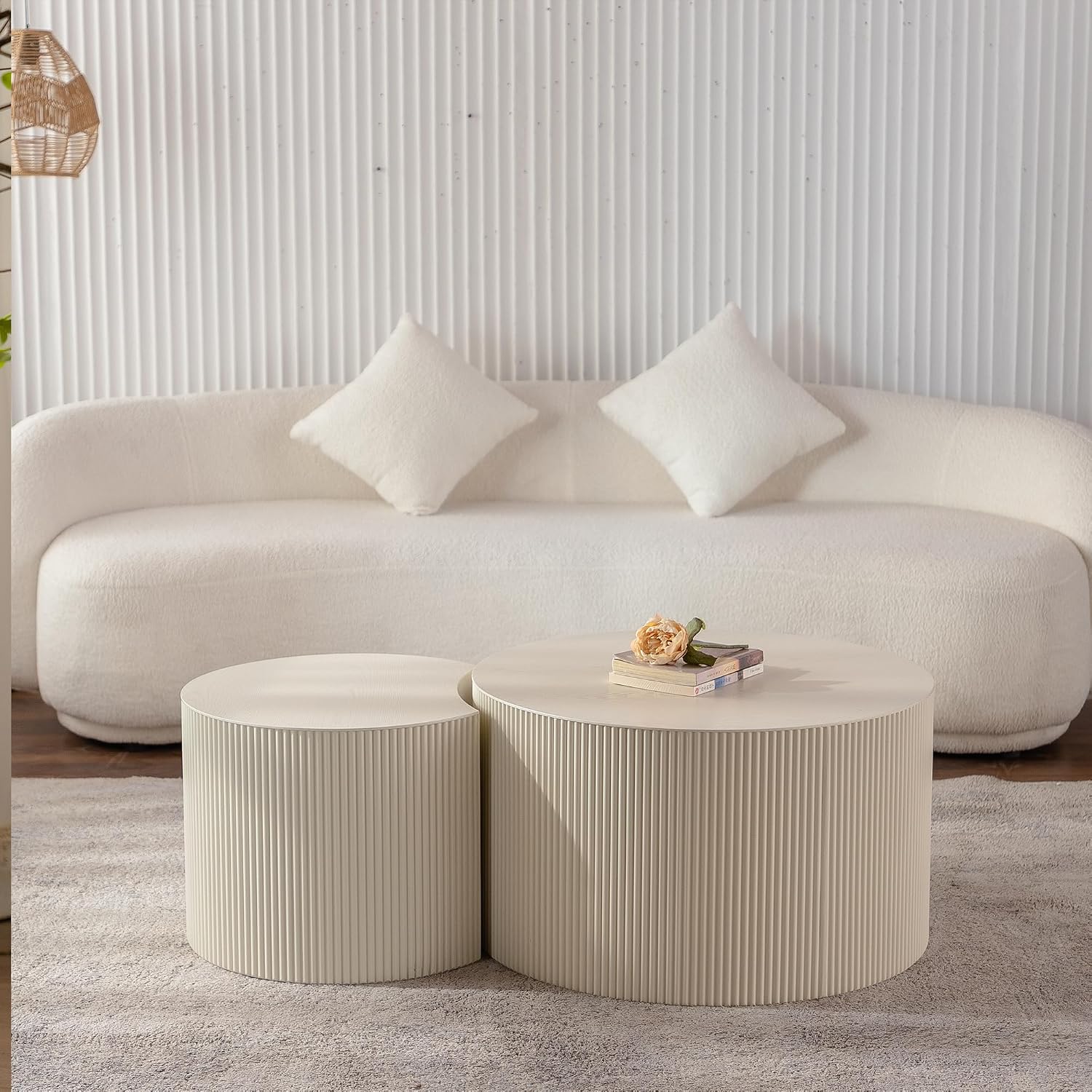 Nesting Coffee Table Set of 2, Round & Crescent Moon Wood Coffee Table and End Table Sets, Modern Luxury Accent Center Tea Table for Living Room Bedroom, （Beige + Cream, 18.9' & 14.96'