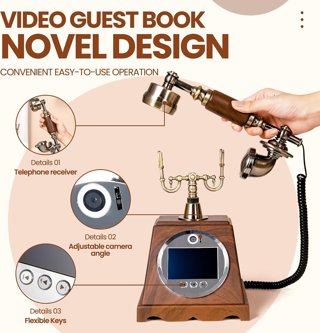 FiayaCom Video Audio Guest Book Wedding Phone,1080P HD Video Phone Guestbook, Preserve Your Special Occasions, Ideal for Wedding Bridal Shower, Birthday, Graduations, Baby Shower(Retro Brown)