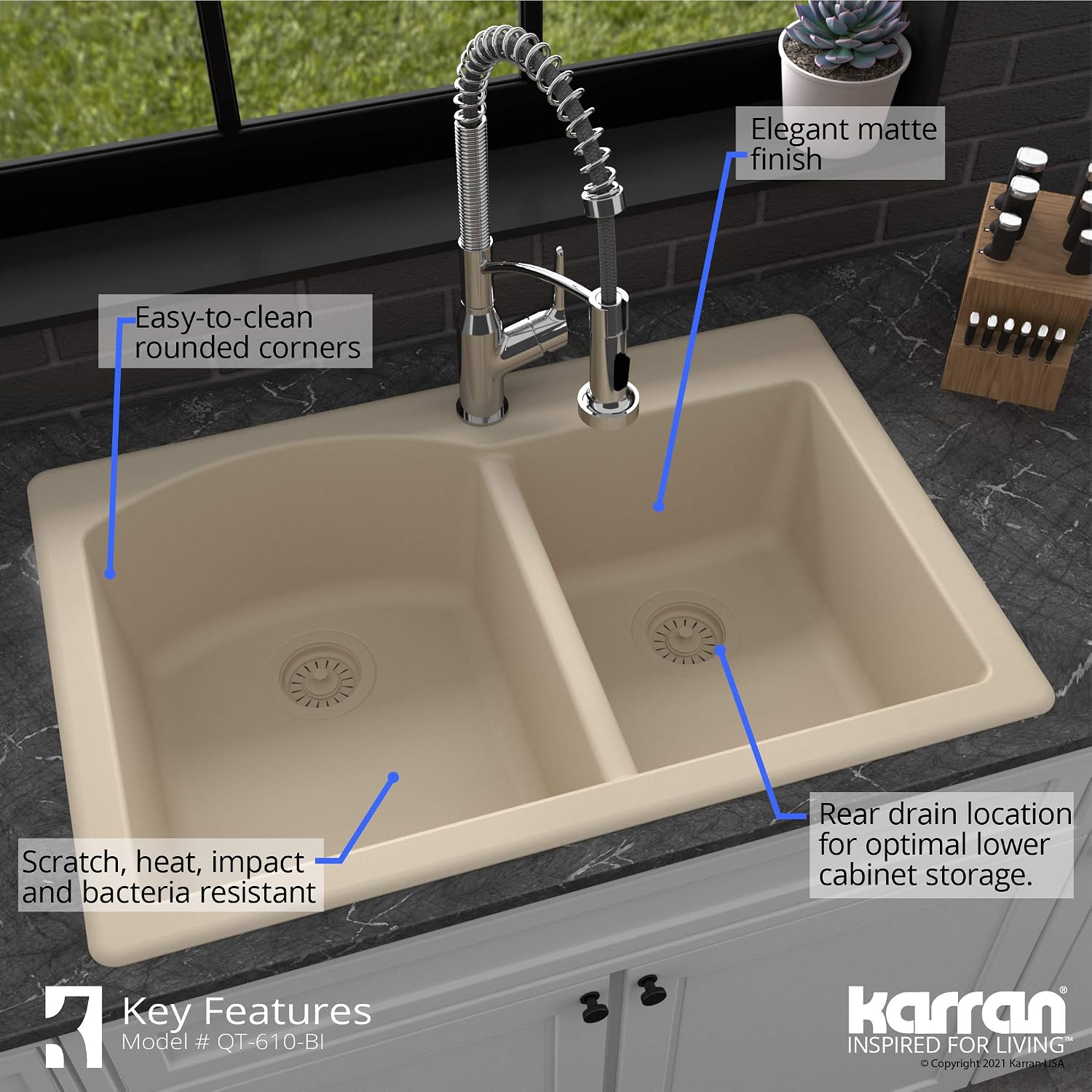 Karran 33' Drop-In/Top Mount Quartz Composite 1-Hole 60/40 Double Bowl Kitchen Sink in Bisque