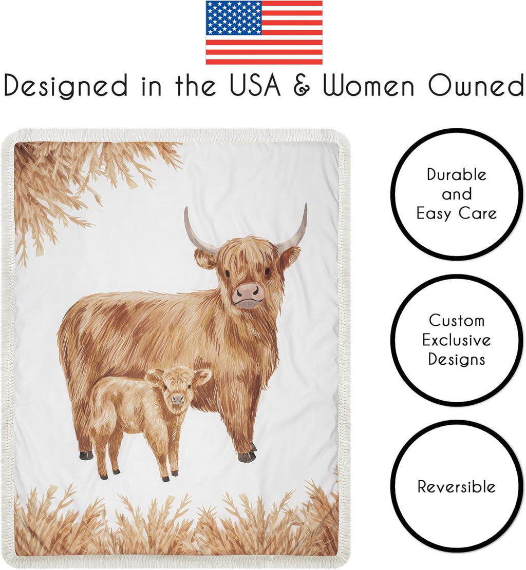 Sweet Jojo Designs 4-Piece Baby Crib Bedding Set (Boho Highland Cow) for Girls/Boys, Infants/Nursery incl. Blanket, Fitted Sheet, Skirt, Diaper Stacker (Taupe Plaid & Farm Animal Watercolor Farmhouse)