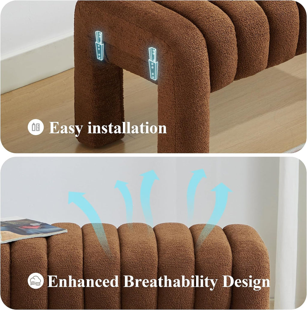 43'' Bedroom Bench, Upholstered End of Bed Bench with Solid Wood Legs, Modern Small Dining Bench with Full Covered Fabrics for Entryway, Bedroom, Living Room (Rust Brown, Boucle)